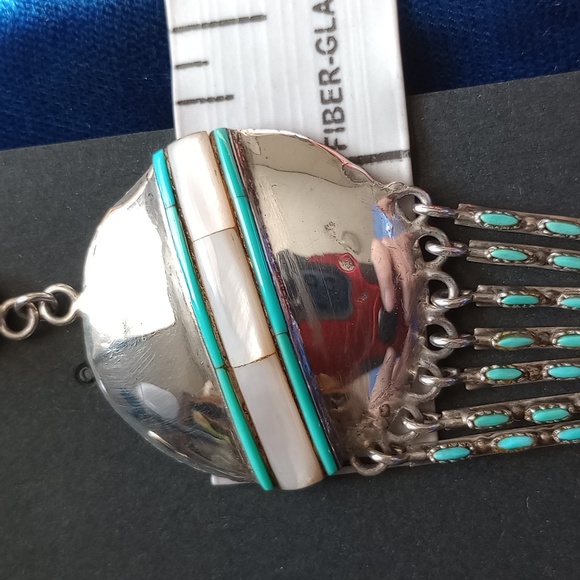 Native American Mother Of Pearl & Turquoise Sterling Silver Dangle Stud Earrings - Picture 10 of 16